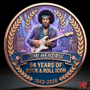 Commemorative coin featuring Jimi Hendrix playing guitar on a concert stage design!