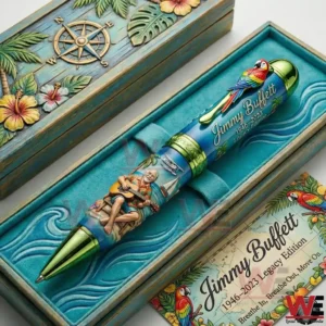 Jimmy Buffett legacy collectible pen displayed in a themed presentation box with tropical colors ocean details and island style artwork!