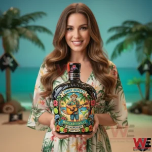 A woman standing in front of a beach themed backdrop holding a Jimmy Buffett Margaritaville Crown Royal bottle with bright tropical artwork!