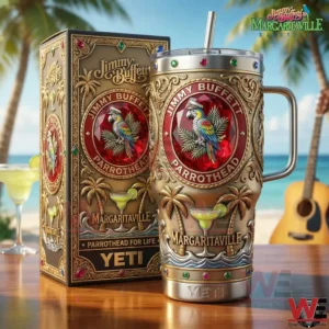 A Yeti tumbler and presentation box showcasing Jimmy Buffett Parrothead Margaritaville artwork styled in a relaxed seaside environment!