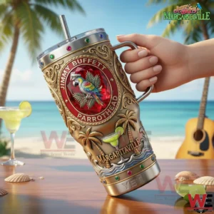 A hand holding a Yeti tumbler featuring Jimmy Buffett Parrothead Margaritaville artwork in a vibrant tropical beach scene!