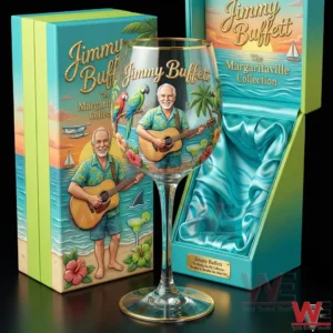A collectible wine glass with Jimmy Buffett Margaritaville artwork standing in front of a luxury display box with vibrant coastal design!