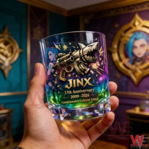 Close up view of a hand holding a Jinx commemorative whisky glass with colorful artwork and anniversary details displayed in a richly decorated fantasy inspired setting!
