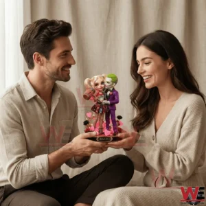 Couple holding a romantic collectible figure while smiling at each other in a cozy indoor setting!