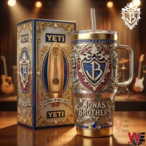 Decorative Jonas Brothers metal tumbler with ornate box displayed on a music stage!