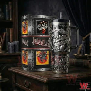 Dark metal themed tumbler with handle featuring steel inspired artwork next to a matching box on a wooden table!
