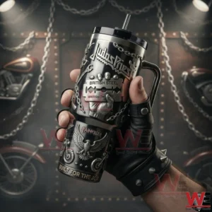 Hand holding a dark metal themed tumbler with handle featuring steel inspired artwork in an industrial setting!