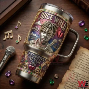 Juice Wrld themed insulated mug lying on wooden table with music items!