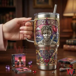 Hand holding Juice Wrld themed insulated mug in warm indoor setting!