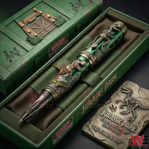 Jurassic Park collectible pen displayed in a themed green presentation box with anniversary plaque!
