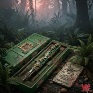 Jurassic Park collectible pen and open display box shown in a misty jungle setting with foliage!