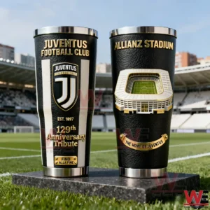 Two Juventus inspired tumblers with black and white design club crest Allianz Stadium artwork metallic base and football field background!