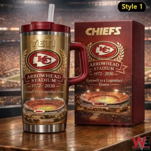 Kansas City Chiefs anniversary tumbler featuring Arrowhead Stadium design team crest and elegant collector packaging!