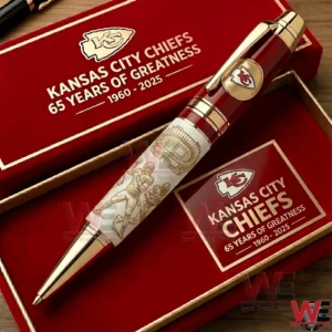 Premium Kansas City Chiefs anniversary pen set in red and gold inside a branded gift box with logo and 65 Years Of Greatness 1960 2025 text!