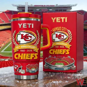 Red Kansas City Chiefs tumbler with handle and straw next to a matching 66th anniversary 1960 2026 gift box with arrowhead logo laurel wreath and Geha Field stadium illustration