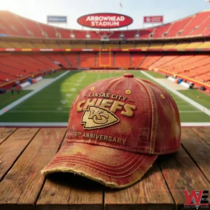 Kansas City Chiefs red cap with sixty six anniversary logo placed on a wooden table inside a football stadium!