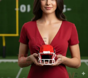 A female model holding a red Kansas City Chiefs football helmet made from building blocks on a green football field!