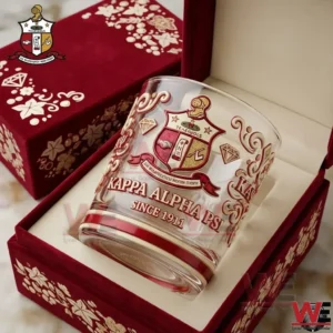 Kappa Alpha Psi whiskey glass displayed inside a red gift box with decorative patterns and classic crest design!