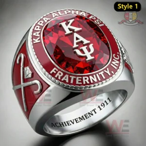 Silver Kappa Alpha Psi ring with red gemstone top and engraved text showing fraternity name and Achievement 1911 inside!