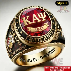Kappa Alpha Psi Achievement in Every Field Custom Ring 4 Black and gold Kappa Alpha Psi ring with red gemstone face featuring KAY 1911 and detailed crest and achievement engravings!