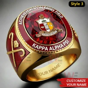 Kappa Alpha Psi Achievement in Every Field Custom Ring 5 Gold Kappa Alpha Psi ring with red gemstone top featuring the crest and rim text plus a customizable name engraving inside the band!