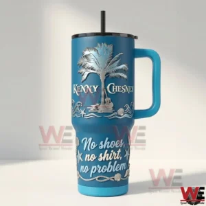 Blue insulated tumbler with handle and straw decorated with palm tree and beach elements on a clean background!