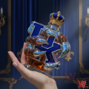 A person holding a Kentucky Wildcats style whiskey bottle with a crown top and cross shaped glass design displayed in a refined interior scene!