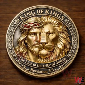 Gold and silver King Of Kings coin showing half Jesus face and half lion face with text The Lion Of The Tribe Of Judah and Revelation 5 5!