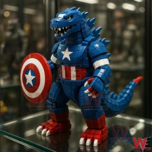 Blue block style monster figure with spiky back plates holding a red white and blue shield in a glass display case.