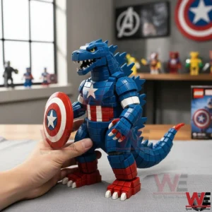Blue block style monster hero figure with a shield on a table with a hand holding it and a superhero themed room in the background.