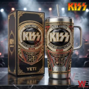 KISS Army insulated tumbler and gift box displayed on a dark stage inspired surface!