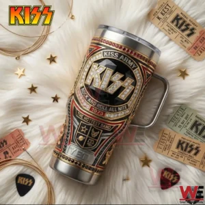 KISS Army tumbler displayed on white fur with music tickets and star decorations!