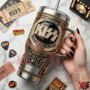 Hand holding a KISS Army tumbler with music themed decor on a light background!