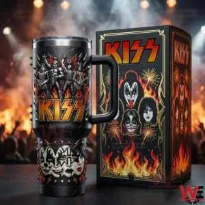 KISS tumbler with handle and straw next to a matching gift box featuring band artwork flames and lightning in a concert inspired background with smoke and warm lights!