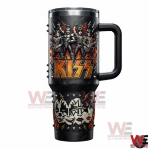 Front view of a KISS insulated tumbler with handle bold KISS logo band member illustration face paint portraits flames and studded metallic details on a white background!