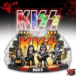 Kiss band building block stage with four rock musicians instruments stage lights speakers and dramatic concert setup!