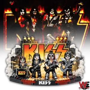 Kiss Band Building Blocks Set 5 Kiss building block concert stage with fire themed background rock musicians and bold lighting effects!