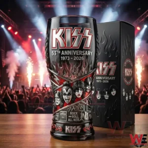 A collectible Kiss anniversary glass standing in front of a concert crowd with stage lights fire effects and a matching presentation box!
