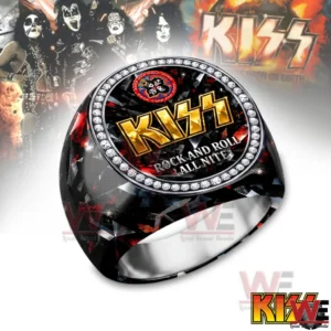KISS themed luxury ring with a gold KISS logo on a black and red faceted face surrounded by a sparkling stone border.