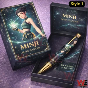 Minji Main Dancer collector pen set with illustrated box art and an open case showing a matching pen on a cosmic lightning background!