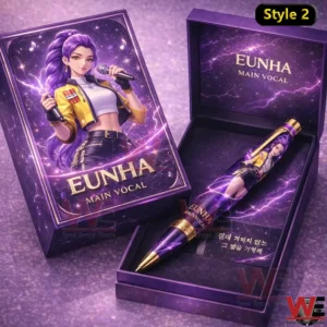 Eunha Main Vocal collector pen set with purple illustrated box and an open display case holding a matching character pen!