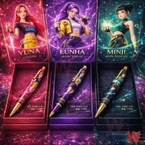Three themed collector pens in open cases with matching illustrated boxes featuring Yuna Eunha and Minji in red purple and teal cosmic designs!