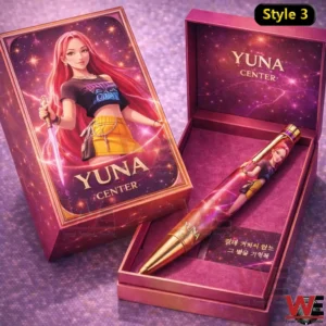 Yuna Center collector pen set with red illustrated packaging and an open case displaying a matching character pen with gold accents!