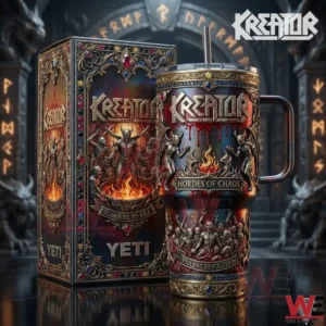 Metal tumbler with Kreator Hordes of Chaos artwork next to a matching decorative box.