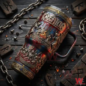 Kreator themed metal tumbler lying on a dark wooden surface with chains and runes.