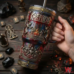 Hand holding a Kreator Hordes of Chaos metal tumbler with detailed artwork.