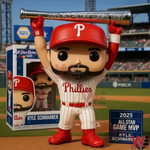A Kyle Schwarber Phillies baseball figure posed on a stadium field holding a bat marked as the 2025 All Star Game MVP award!