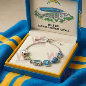 LA Chargers Bolt up LA Pride Chargers Forever Adjustable Charm Bracelet 5 Silver adjustable charm bracelet in a blue and yellow gift box with Bolt Up LA pride Chargers forever backdrop and helmet lightning bolt stadium number ten football and Bolt Up charms.