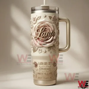 Lana Del Rey themed tumbler with handle and straw featuring a raised rose design shown in a minimal neutral background!