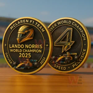Two sided McLaren F1 commemorative coin for Lando Norris 2025 World Champion showing gold helmet and race car on one side and a large number four with Speed Precision text on the other side!